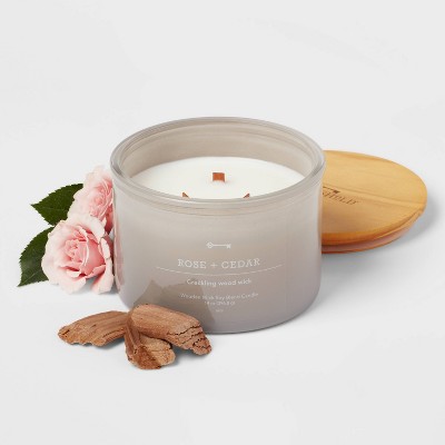 14oz Lidded Gray Glass Jar Crackling Wooden 3-Wick Candle with Clear Label Rose + Cedar - Threshold&#8482;