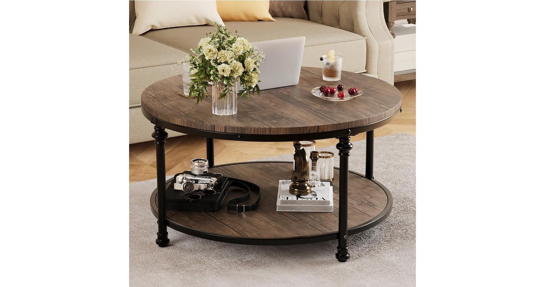 Round Coffee Table for Living Room Rustic Center Table with Storage Shelf