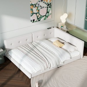 CAVINAS Upholstered Floor Bed Queen Size Modern Wooden Bed Frame with Headboard and 2 Ports for Bedroom - 1 of 4