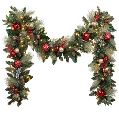 9FT Pre-Lit Decorated Garland 90 Warm White LED Lights Red/Gold Accents