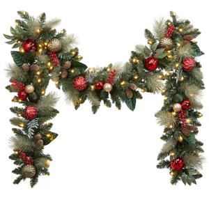 9FT Pre-Lit Decorated Garland 90 Warm White LED Lights Red/Gold Accents - 1 of 4