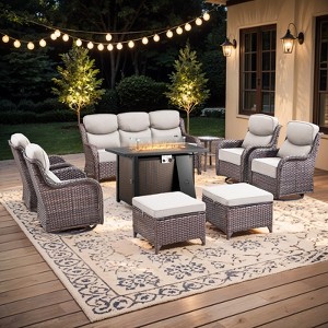 Buenhomino 9-Piece Patio Furniture Set with Fire Pit Table Wicker Rattan Patio Sectional Sofa Set Outdoor Seating Furniture with Thickened Cushion - 1 of 4