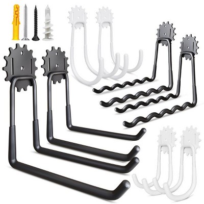 Munora - 8-Piece Garage Hooks Set - Black and White Heavy Duty Steel Storage Solutions for Bicycles, Ladders, and Garden Tools