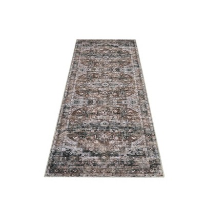 Washable Vintage Distressed Runner Rug, Non-Slip Stain Resistant Hallway , Traditional Medallion Floor Carpet for Doorway & Bedside, Brown