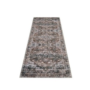 Washable Vintage Distressed Runner Rug, Non-Slip Stain Resistant Hallway , Traditional Medallion Floor Carpet for Doorway & Bedside, Brown - 1 of 4