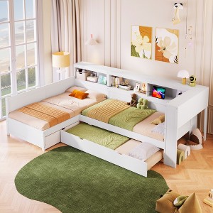 Twin Size L-shaped Platform Bed with Trundle and a Drawer - 1 of 4