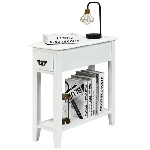 2 Tier Slim Nightstand Bedside Table with Drawer Shelf-White | Costway