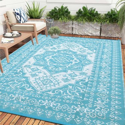 Waterproof Outdoor Rug Reversible Plastic Straw Mat, Vintage Medallion Patio Carpet for RV, Deck, Beach, Camping