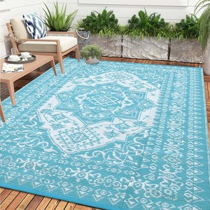 Waterproof Outdoor Rug Reversible Plastic Straw Mat, Vintage Medallion Patio Carpet for RV, Deck, Beach, Camping - 1 of 4