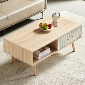 Bencmate Coffee Tables Rectangular Coffee Table, Simple Modern Style For Living Room, Office, Upgrade Home Style, Raw Wood And White, - 1 of 4