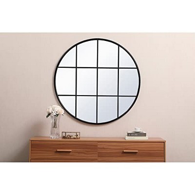 Black Round Metal Windowpane Mirror with MDF Backing