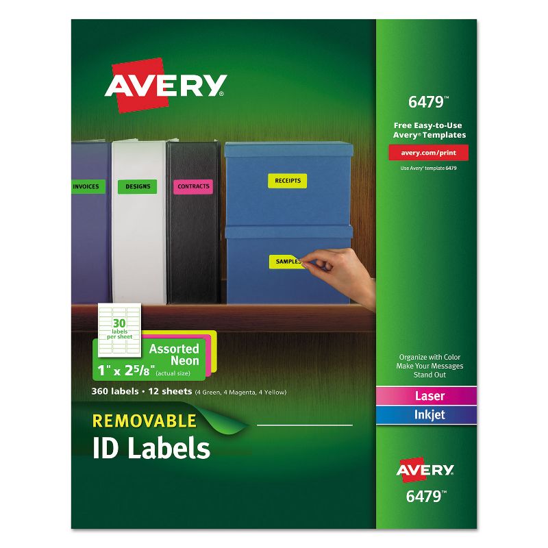 Avery High-Visibility Removable ID Labels Laser/Inkjet 1 x 2 5/8 Asst. Neon 360/PK 6479, 1 of 7