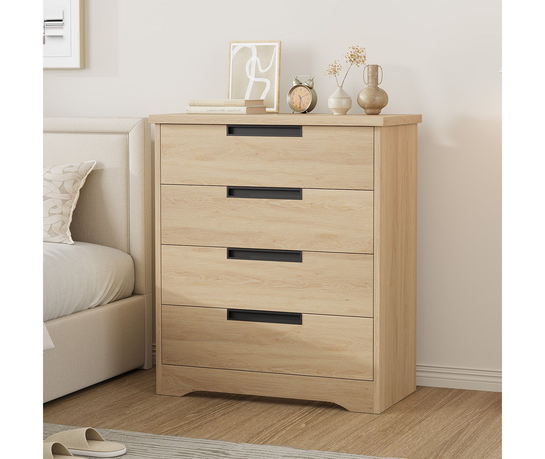 4 Drawer Dresser for Bedroom, Natural Dresser Chest of Drawers with Embedded Handles, Wooden Dresser Organizer for Living Room Nursery Entryway