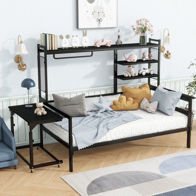 TIRAMISUBEST Twin/Full Size Metal Daybed with Movable Desk and Metal Grid, Modern Daybed Frame Sofa Bed with Storage Shelves and Clothes Hanger