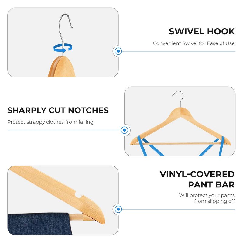 OSTO Wooden Suit Hangers; Ultra-Durable Smooth Finish Wood Coat Hanger with Non Slip, Grooved Pant Bar & Swivel Hook, 3 of 7