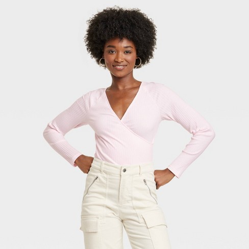 Women's Slim Fit Long Sleeve V-Neck Wrap Shirt - Universal Thread™ Pink L