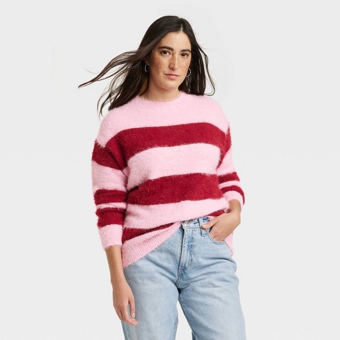 Women's Crewneck Tunic Pullover Sweater - A New Day™ Cream/black Striped Xs  : Target
