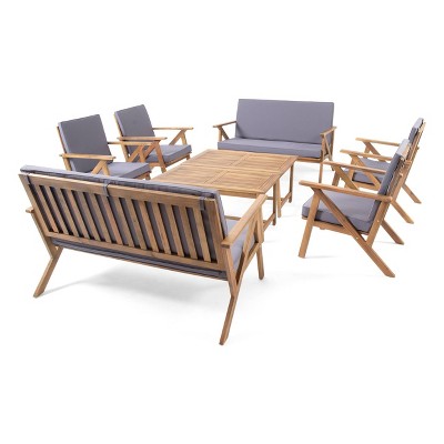 Panama 8pc Acacia Wood Chat Set with Coffee Table - Teak/Dark Gray - Christopher Knight Home