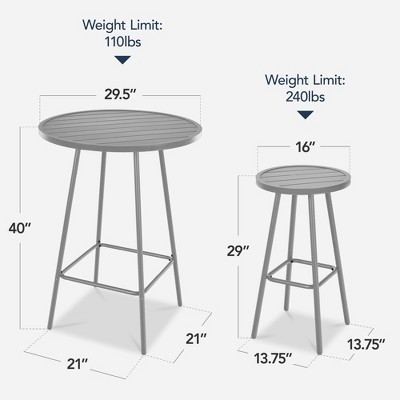 Gray Steel 3-Piece Bar Height Patio Bistro Set with Backless Stools