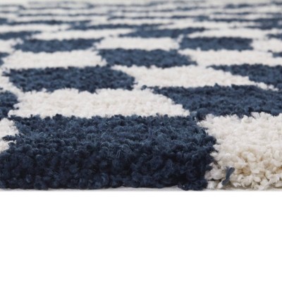 Navy and White Checkered Shag Kids' Rug