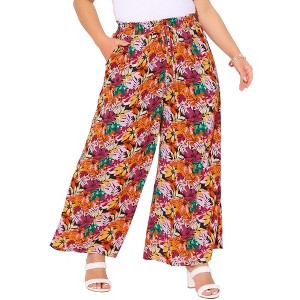 Agnes Orinda Women's Plus Size Wide Leg Mid Rise Front Tie with Pocket Casual Flowy Floral Boho Palazzo Pants - 1 of 4