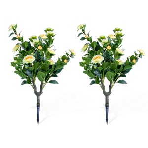 23.6" Artificial Rose Topiary Ball Trees with Ground Spike, UV Resistant Greenery Shrubs with Flowers, Fake Plants with Metal Stakes - 1 of 4
