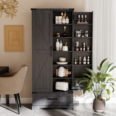 SinCiDo 72" Farmhouse Storage Cabinet, Kitchen Storage Upright Cabinet, w/ 2 Barn Doors & Adjustable Shelves, a Drawers,Multi Functional Large Cabinet