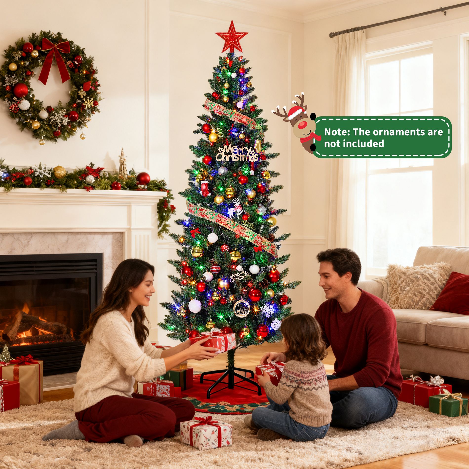 7.5Ft Slim Pre-Lit Artificial Christmas Tree, Perfect Holiday Decoration for Home, Office, and Seasonal Celebrations, Easy Setup and Maintenance
