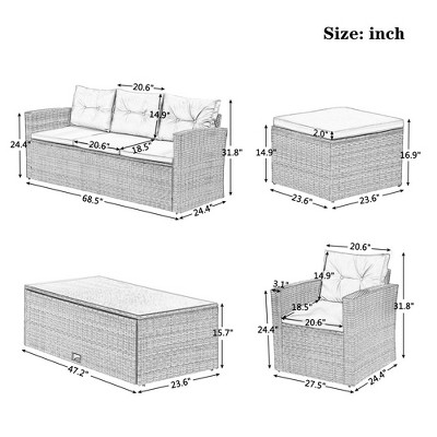 6-piece All-Weather Wicker PE rattan Patio Outdoor Dining Sectional Set with coffee table, wicker sofas, ottomans, removable cushions，Gray