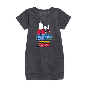 - Peanuts - Snoopy Patchwork Doghouse Graphic Short Sleeve Fleece Dress - 1 of 3