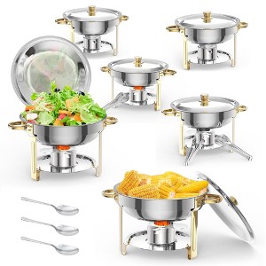 2/4/6-Pack NSF Gold Round Stainless Steel Chafing Dish Set with Lid Holder, Spoon & Tweezer for Catering, Weddings, Buffets - 1 of 4