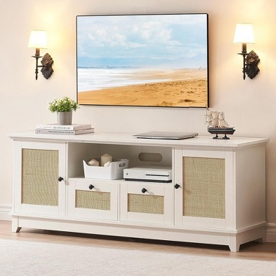 Garvee TV Stand for 65+ Inch TV, Rattan Entertainment Center TV Media Console Table for Living Room, White