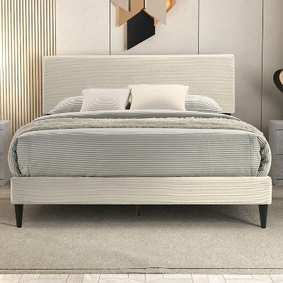 Galano Bayson Wood Frame Full Platform Bed with Headboard in Towel Cream, Towel Gray, Towel Pink