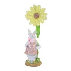 10.75 In Bunny In Pink Dress Figurine Glittered Daisy Flower Figurines - 1 of 3