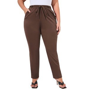 Womens Plus Size Stretch Work Pants Elastic Waist Business Casual Pants with Pockets Pencil Leg Dress Pants Brown 5XL - 1 of 4