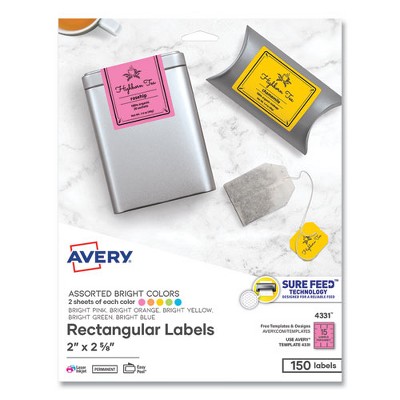 Avery Printable Color Labels with Sure Feed and Easy Peel, 2 x 2.63, Assorted Colors, 15/Sheet, 10 Sheets/Pack