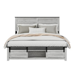 Okak Queen/Full Size Platform Bed Frame with Storage Cabinet & Charging Station,Farmhouse Wood Slats Design Master Bedroom Bed - 1 of 4