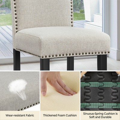 Beige Upholstered Dining Chairs with Nailhead Trim, Set of 2