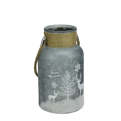 Northlight 10" Iced Winter Scene Christmas Pillar Candle Holder Lantern with Handle - Silver White