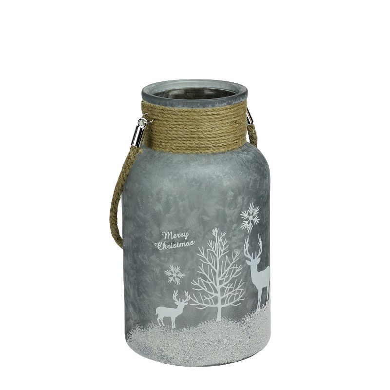 Northlight 10" Iced Winter Scene Christmas Pillar Candle Holder Lantern with Handle - Silver White, 1 of 6
