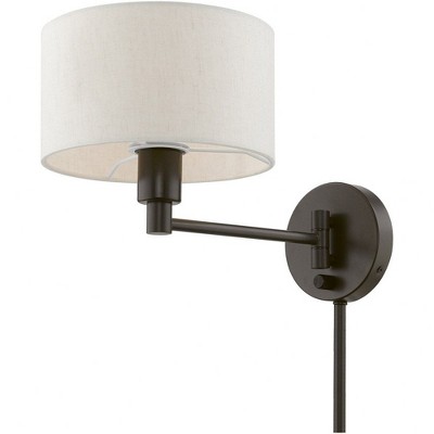 English Bronze Swing Arm Wall Lamp with Oatmeal Shade