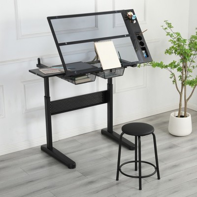 VYNXARIA Hand Crank Adjustable Drafting Table with 2 Metal Drawers & Stool - Sleek Black Design for Creative Spaces