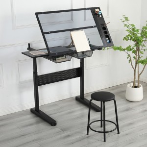 VYNXARIA Hand Crank Adjustable Drafting Table with 2 Metal Drawers & Stool - Sleek Black Design for Creative Spaces - 1 of 4
