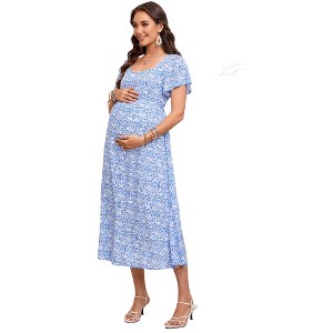 Women's Summer Maternity Floral Midi Dress Casual Sweetheart Short Sleeve Tie Back Dresses For Photoshoot And Baby Shower - 1 of 4