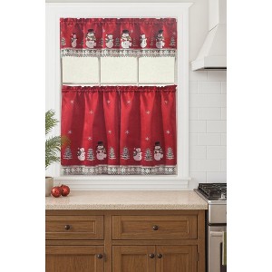 Home Mart Goods Red White Christmas Snow Man Embroidery Kitchen Curtain 3PC Set Swag & Tiers Set - 1 of 4