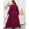 Women Plus Size Maxi Dress V Neck Casual Dresses Long Lantern Sleeves Long Dress Split Wrap Dress, Wine Red, 3XL - 3 of 4