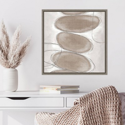 Gray and Beige Abstract Lithograph on Canvas with Polystyrene Frame