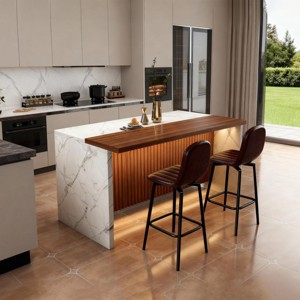 Modern Black Kitchen Island Dining Table with LED Lights and 2 Brown Bar Stools, Faux Marble Counter Height Set for Eat-in Kitchen-3irtyhousy - 1 of 4