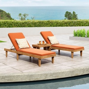 GDFStudio Teresa Outdoor Acacia Wood 3 Piece Chaise Lounge Chat Set with Cushions - 1 of 4