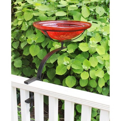 Tomato Red Crackle Glass Birdbath with Rail Mount Bracket